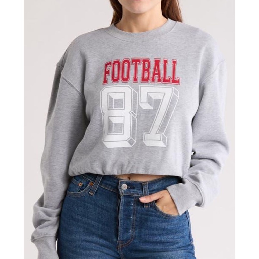 NEW Vinyl Icons GRAY Football 87 BUBBLE HEM Crop SWEATSHIRT Cotton TOP  XS